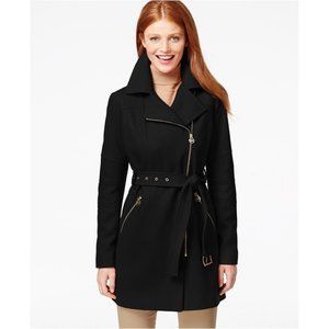 MICHAEL Michael Kors Women's Black Belted Asymmetrical Zip Wool Blend Coat